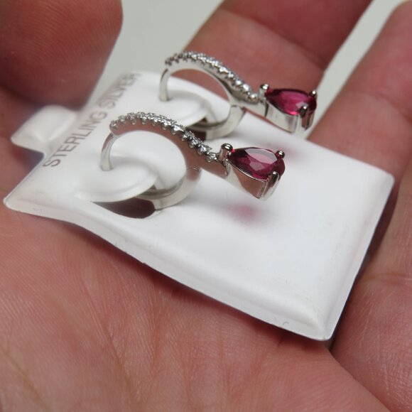 Sterling Lab Created Ruby Earring Hand Crafted Dangling - Picture 3 of 3